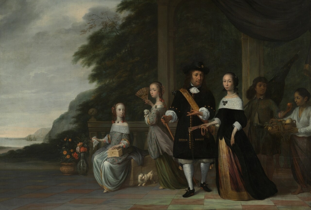 pieter-cnoll-cornelia-van-nijenrode-en-hun-dochters-jacob-coeman Pieter Cnoll, Cornelia van Nijenrode en hun dochters. Jacob Coeman, 1665. Op de achtergrond staan twee tot slaaf gemaakten. Rijksmuseum